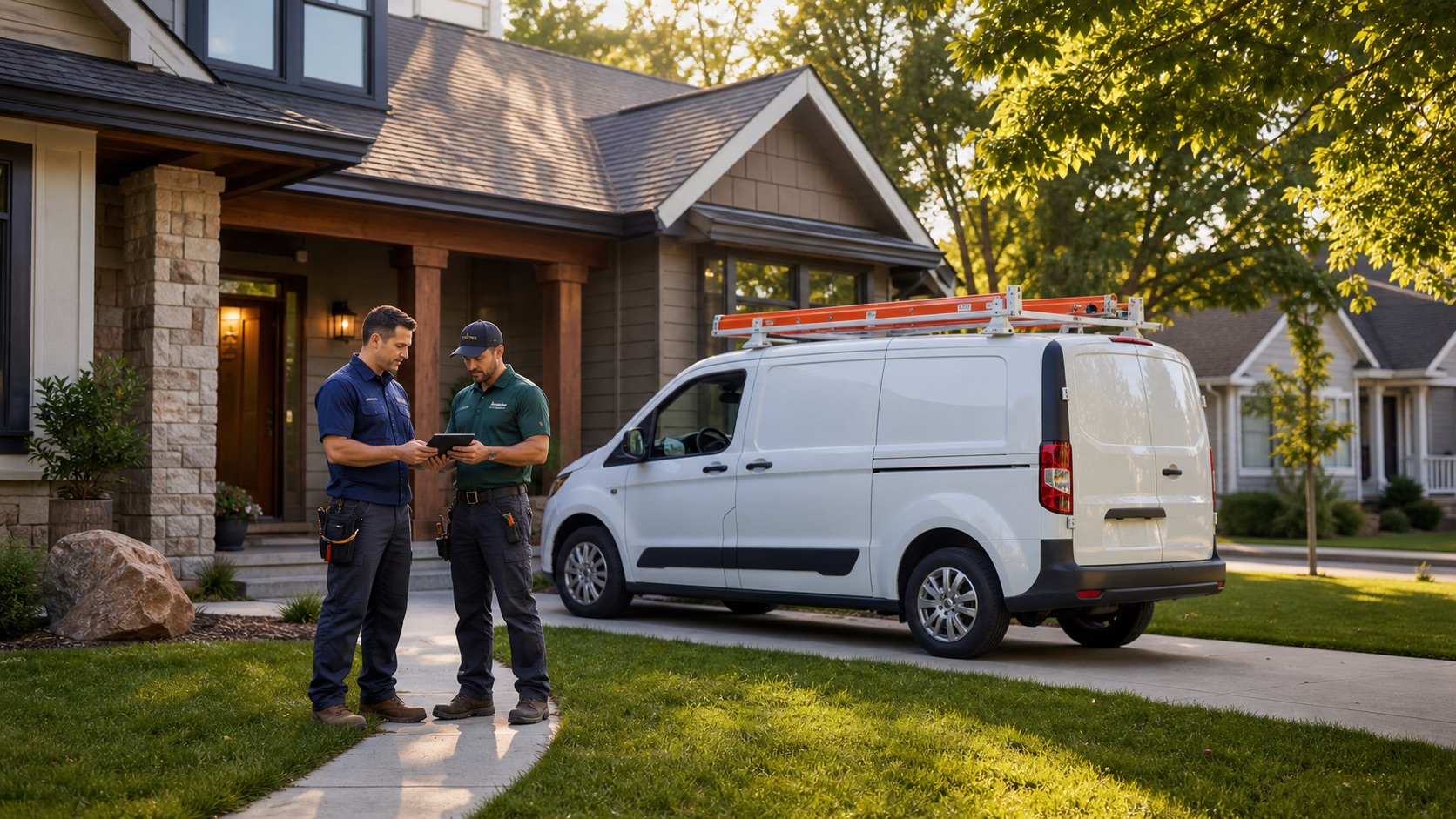 Home service technicians reviewing a tablet near a service van outside a home