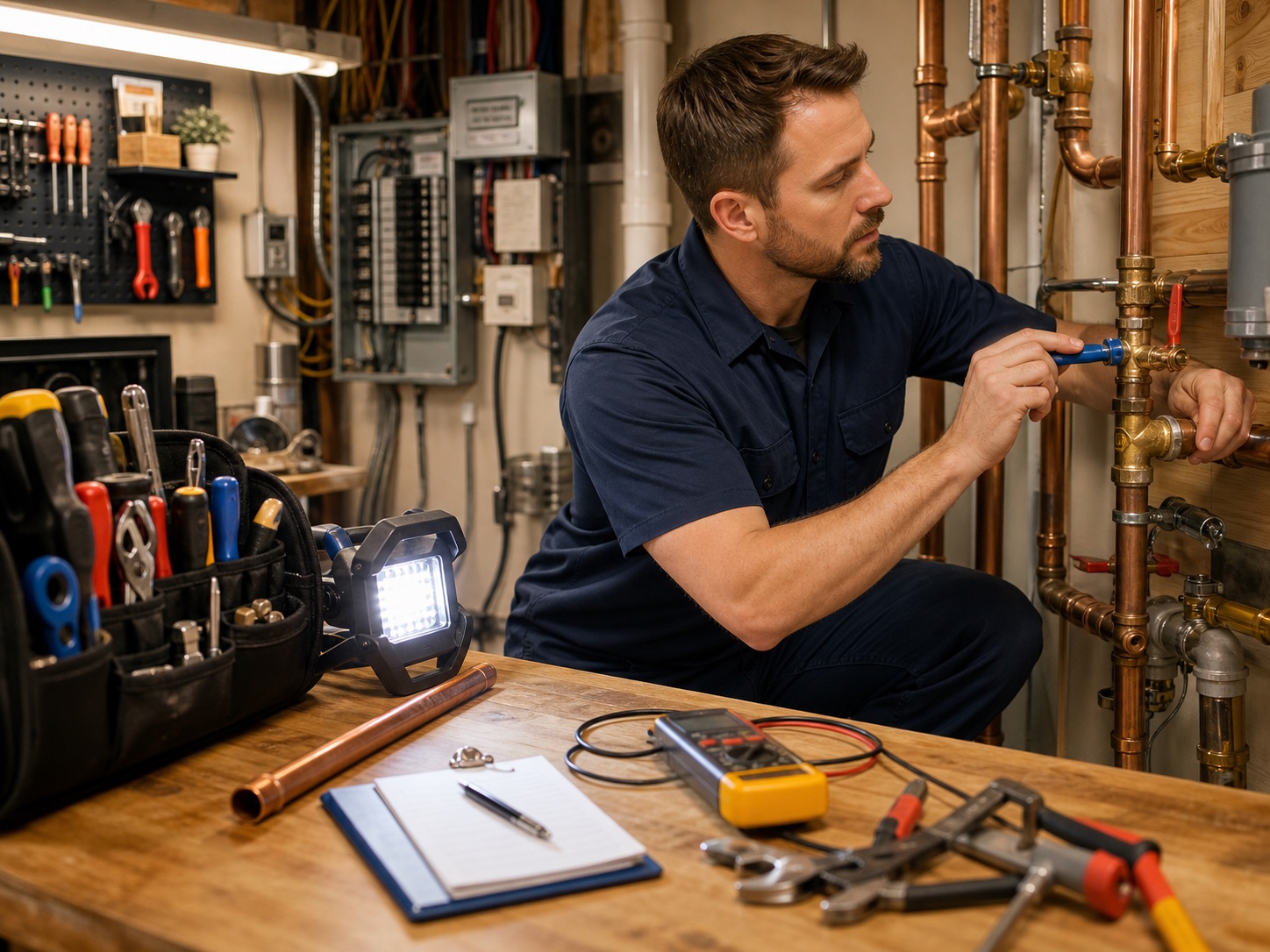 Technician servicing a residential HVAC unit
